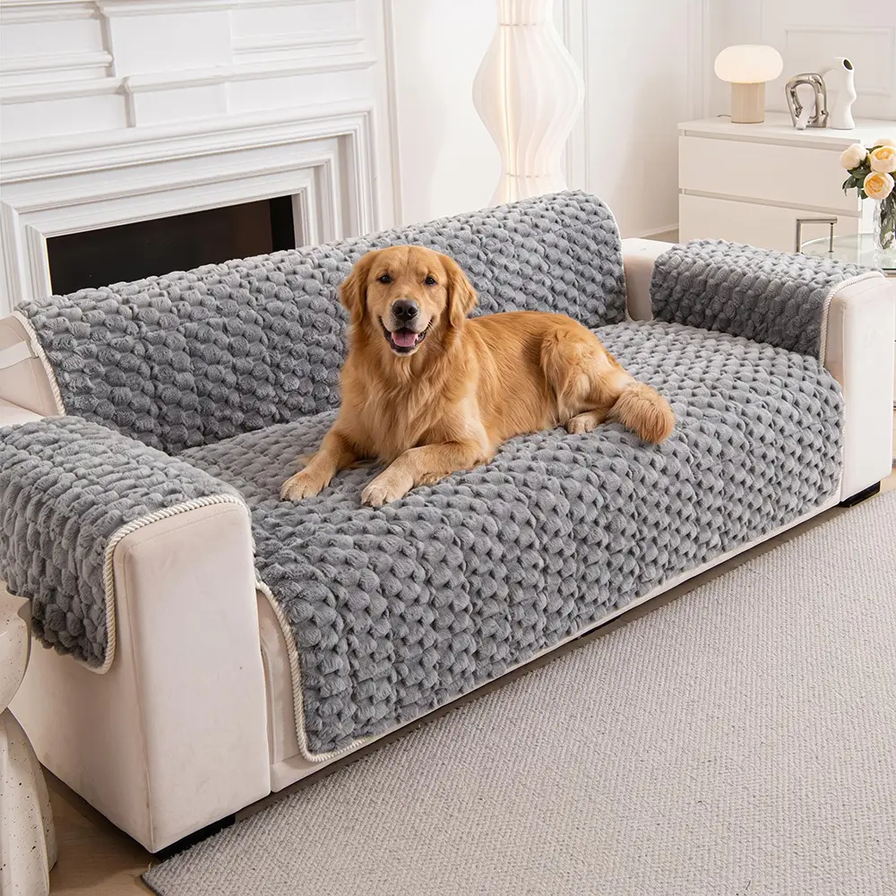 Fuzzy Bubble Plush One-Piece Pet-Friendly Sofa Protection Non-Slip Couch Cover